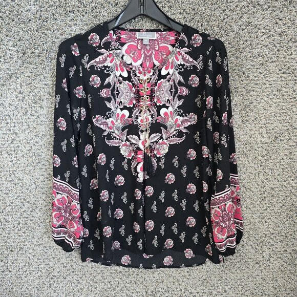 JM Collection Tops - JM Collection Top Womens PM Petite Medium Pink Paisley Print Sheer Blouse Ladies